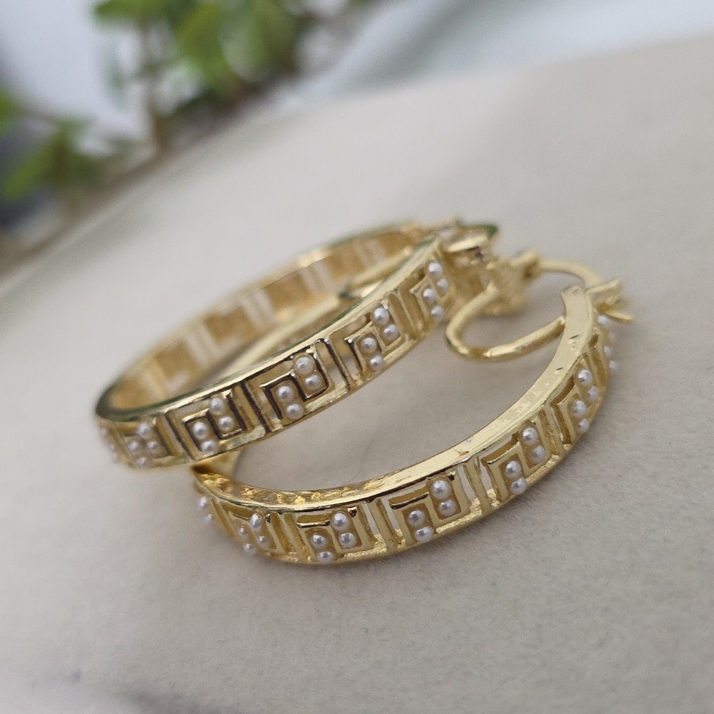 Gold Filled Hoop Earrings Greek Key Design with Pearl Accent